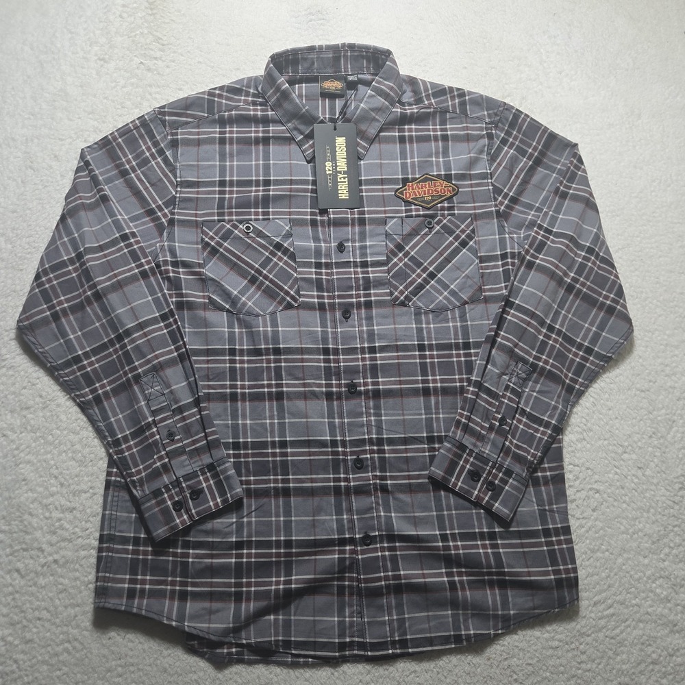 NWT Harley Davidson Mens XL 120th Anniversary Long Sleeve Button Down Plaid Gray